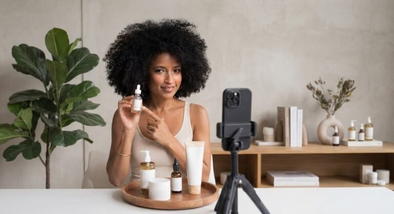 UGC creator filming a skincare product review with a smartphone and tripod setup